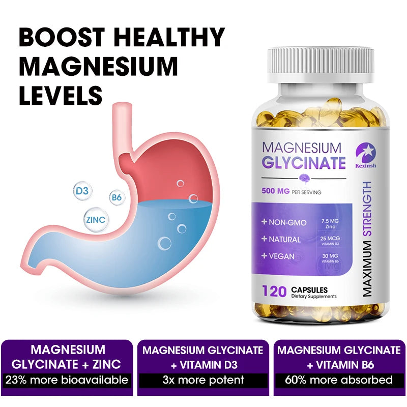 Kexinsh Magnesium Glycinate Supplement 500mg with Zinc,Vitamin D3 B6 Promotes Natural Sleep, Reduces Stress and Anxiety Non-GMO