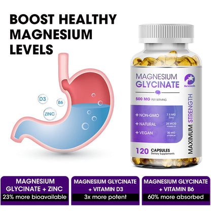 Kexinsh Magnesium Glycinate Supplement 500mg with Zinc,Vitamin D3 B6 Promotes Natural Sleep, Reduces Stress and Anxiety Non-GMO