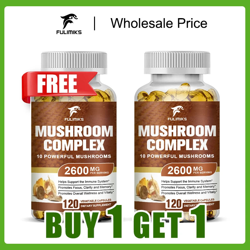 Buy 1 Get 1 Free! Organic Mushroom Complex Supplement, Adaptogenic Blend for Immune Support, Brain Focus & Natural Energy