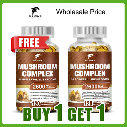 Buy 1 Get 1 Free! Organic Mushroom Complex Supplement, Adaptogenic Blend for Immune Support, Brain Focus & Natural Energy