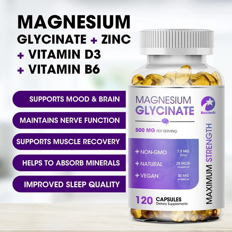 Kexinsh Magnesium Glycinate Supplement 500mg with Zinc,Vitamin D3 B6 Promotes Natural Sleep, Reduces Stress and Anxiety Non-GMO