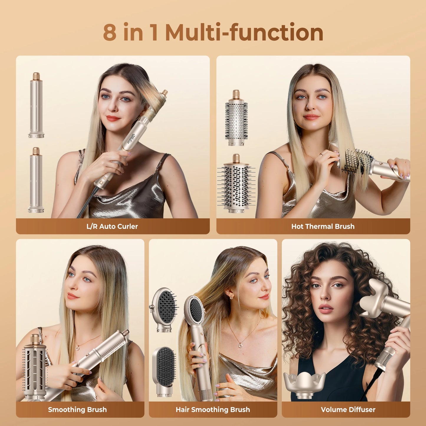 8 in 1 Hair Dryer Brush High Speed Brushless Blow Dryer Negative Ionic Hair Heating Brush Hot Air Styling Comb Hair Curler