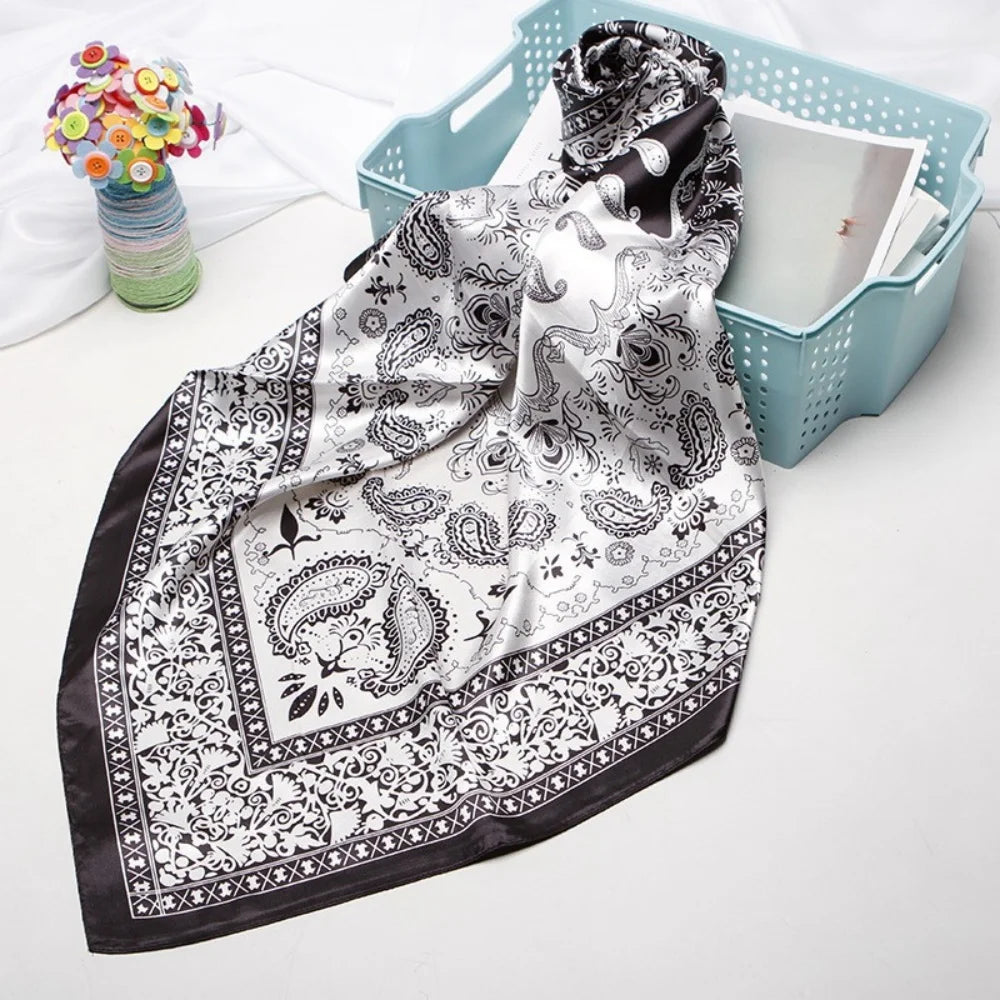 90X90 CM Fashion Print Hair Ribbon Scarf Women Girls Neck Tie Bag Silk Skinny Headscarves Ladies Floral Satin Hair Bandana Wrap