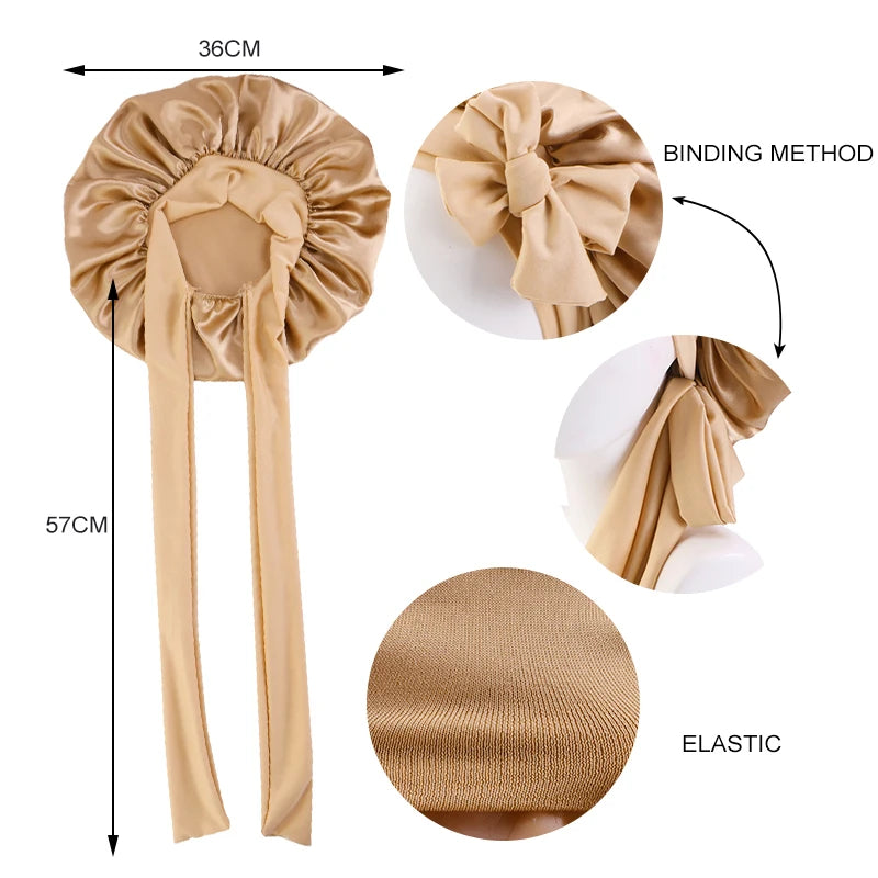 New Silky Bonnet With Elastic Tie Band Hair Bonnet For Sleeping Shower Cap Reusable Adjusting Hair Care Wrap Cap Sleep Caps
