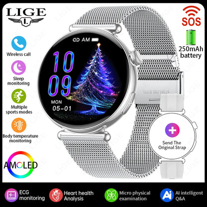 LIGE ECG Smart Watch For Women AMOLED Blood Uric Acid Lipid AI-GPT Heart Rate Sleep Health Monitor SOS Bluetooth Call Smartwatch