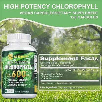Chlorophyll Supplement 600mg - Supports The Immune System, Reduces Body Odor and Bad Breath, Boosts Energy, Antioxidant