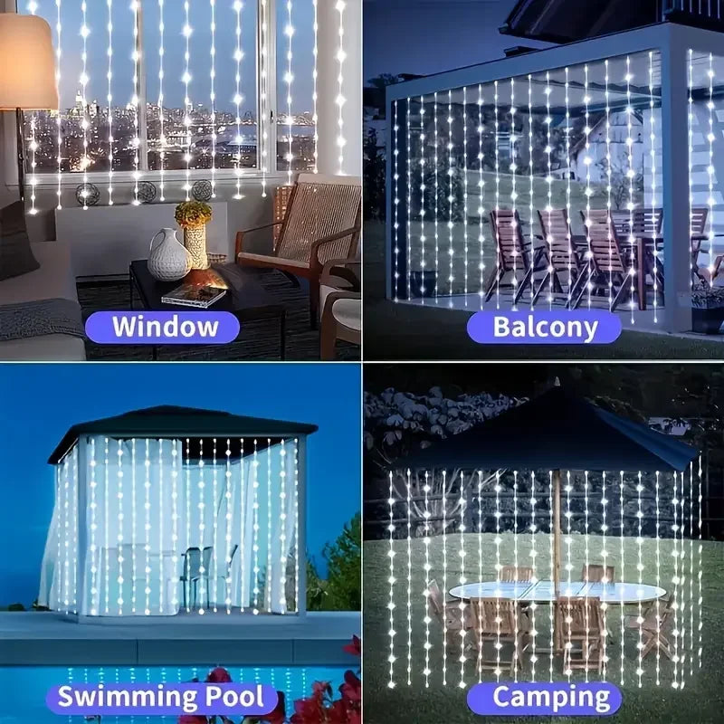 Solar Curtain Light LED Outdoor Waterproof 600leds Garland Decor String Lights Yard Christmas Fairy Wedding Party Terrace Garden