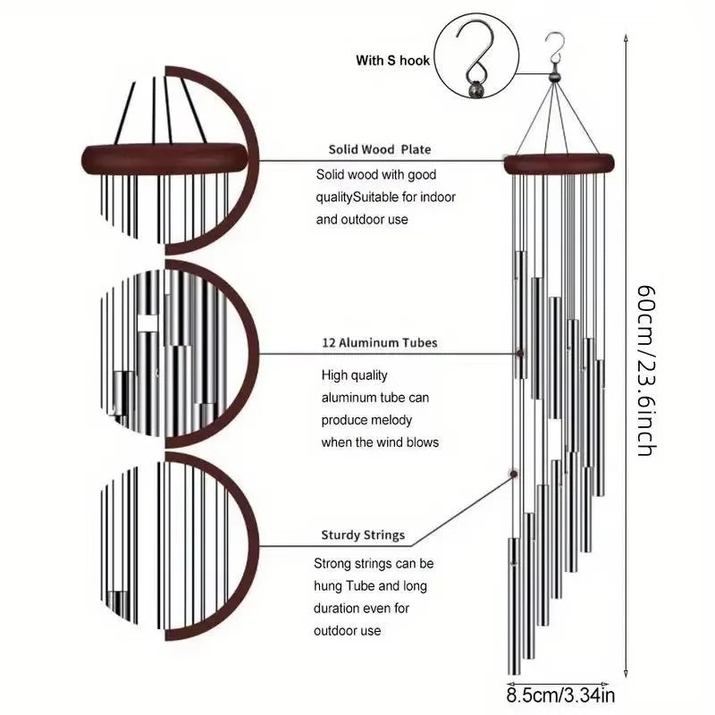 12 Tubes Rotating Solid Wood Aluminum Pipe Wind Chime Waterproof 12 Pipe Classic Matching Music Wind Chime Home Decoration 2025