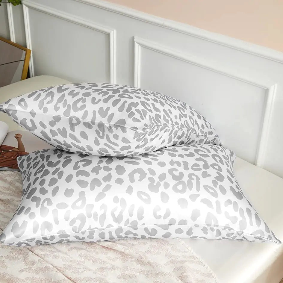 Satin Pillowcase for Hair & Skin, Grey Leopard Printed Pillow Cases Set of 2, Silk Satin Pillow Covers with Envelope Closure