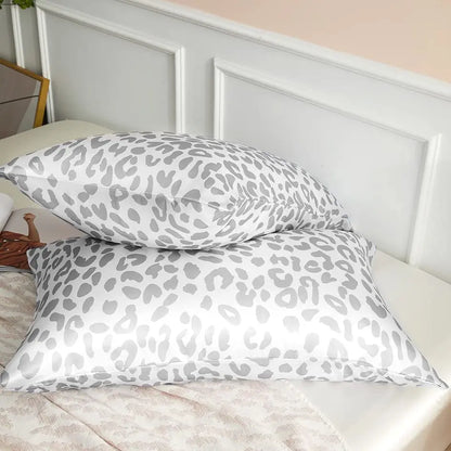 Satin Pillowcase for Hair & Skin, Grey Leopard Printed Pillow Cases Set of 2, Silk Satin Pillow Covers with Envelope Closure