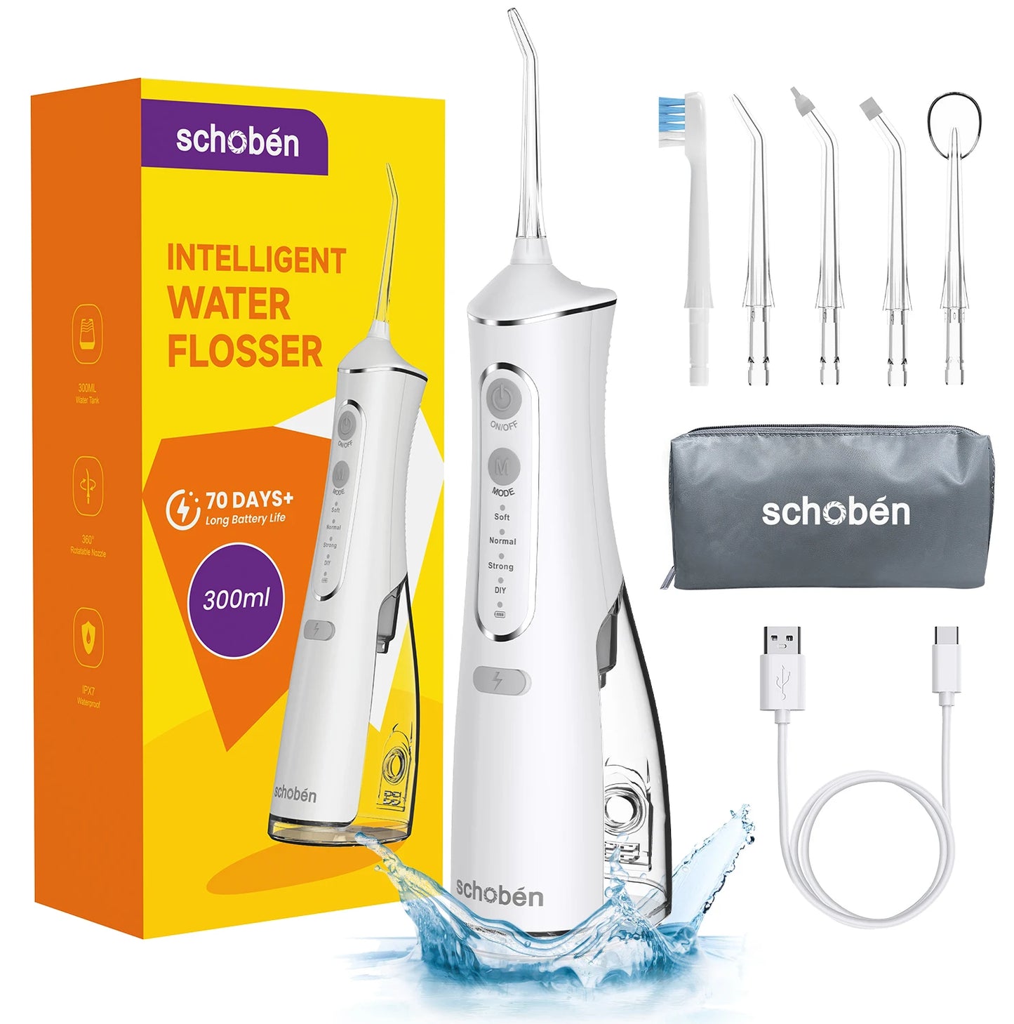 Schoben Portable Oral Irrigator USB Rechargeable Water Flosser Dental Water Jet 330ML Water Tank IPX7 Waterproof Teeth Cleaner