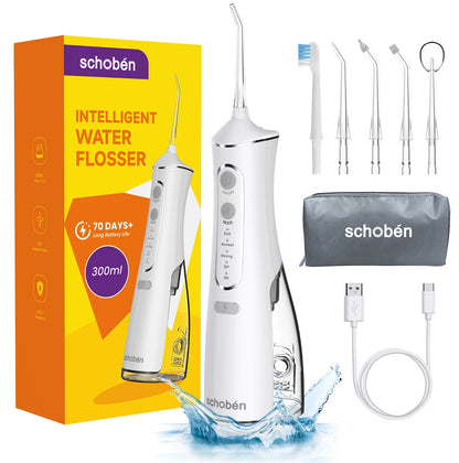 Schoben Portable Oral Irrigator USB Rechargeable Water Flosser Dental Water Jet 330ML Water Tank IPX7 Waterproof Teeth Cleaner