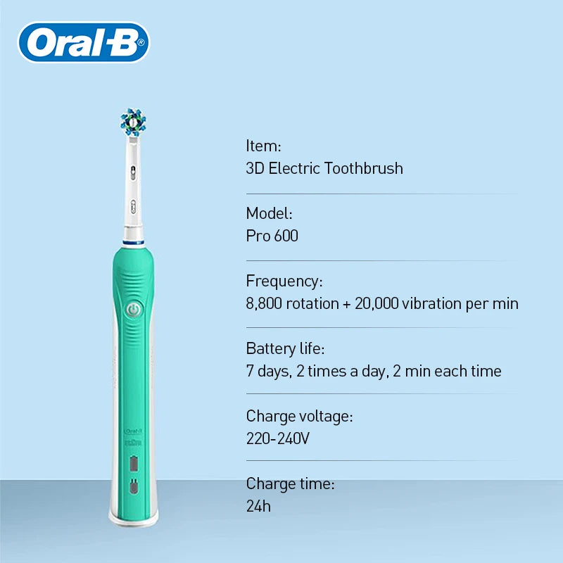 Oral B Pro600 Electric Toothbrush Rotation Oral Cleaning Teeth Whitening Cleaner Brush  2 Mins Timer Rechargeable Toothbrush