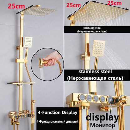 Gold Thermostatic Shower Faucet Set Rainfall Display Bathtub Tap With Bathroom Shelf Multiple Water Outlet Methods