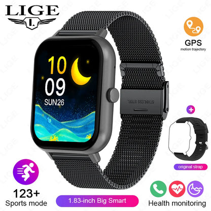 LIGE Sleep Monitoring Smart Watch 1.83” HD Screen Bluetooth Call Pedometer IP67 Waterproof 100+ Sports Modes Smartwatch Men Lady