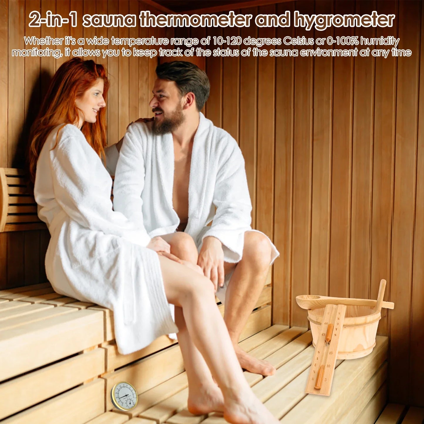 4Pcs Set Sauna Accessories Wood Sauna Bucket Sauna Spoon with Handle Design 2 in 1 Sauna Thermometer&Hygrometer Hourglass Timer