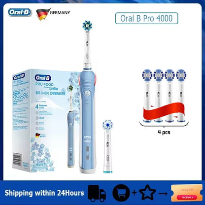Oral B Pro 4000 Electric Toothbrush Rechargeable 3D Visible Pressure Sensor 4 Modes Sonic Tooth Brush for Adults Oral Cleaning