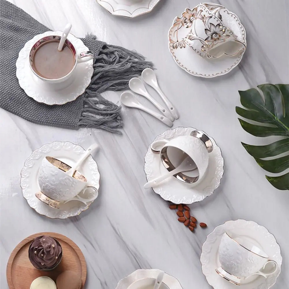 Vintage Ceramic Coffee Cup Spoon Plate Set Exquisite Creative Latte Flower Tea Water Cup European Style Golden Edge Milk Cups