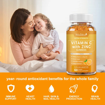 Mulittea Vitamin C with Zinc Gummies For Antioxidant Whitening Collagen Improve Immunity Skin healthDaily nutritional supplement
