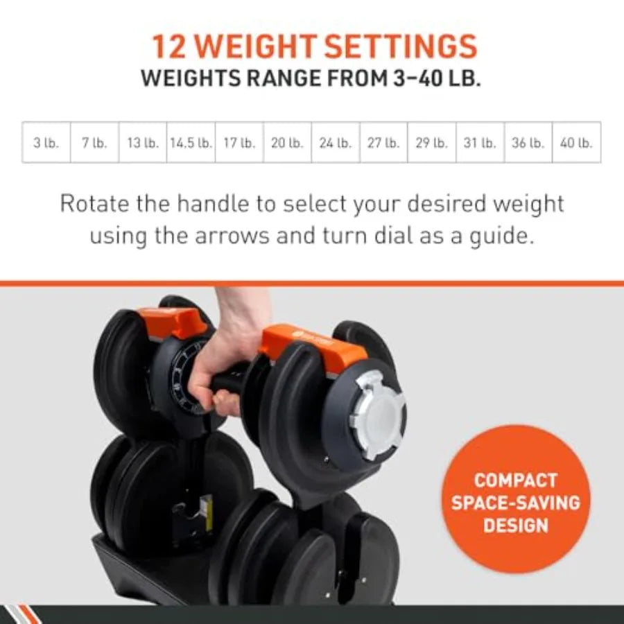 BodySport 40 Pound Adjustable Dumbbells with 12 Free Weights from 3 to 40 Pounds Steel Gray Ideal for Home Gym Workouts and Wei