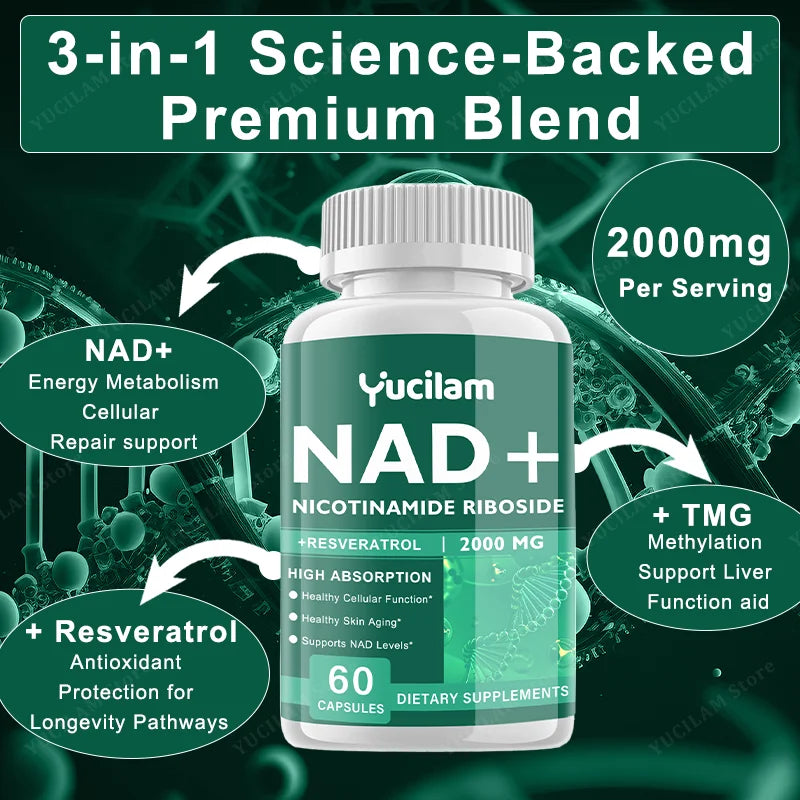 NAD+ Resveratrol Supplement - Anti-Aging, Energy Boost, Cell Repair, Skin Health, Brain Cognition - Provides Sustained Vitality