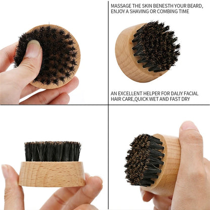 Boar Bristle Beard Brush – Portable Round Beechwood Brush for Men's Beard Care, Hair Styling & Grooming