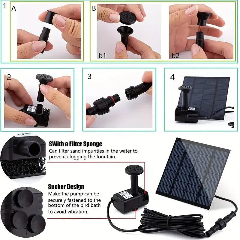 Solar Fountain with 6 Nozzles - 1.4W Solar Panel Floating Water Pump for Bird Baths, Pools,Garden DIY Waterfall Yard Decor