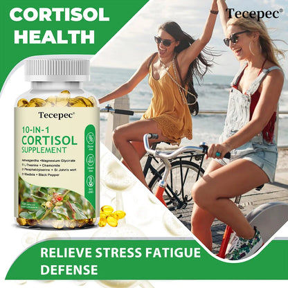 10-IN-1 Cortisol Supplements with Magnesium, Ashwagandha, Chamomile, L-Theanine,Vitamin C & D3, For Women & Men,Vegan