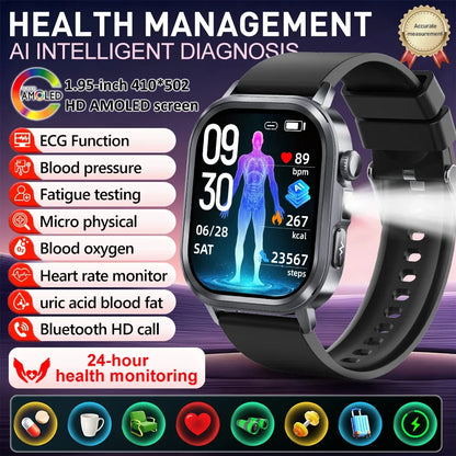 New Accurate Blood Pressure Smart Watch Uric Acid ECG+PPG Blood Oxygen Body Analysis Body Fat LED Flashlight smart watches 2025