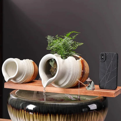 Ceramic Waterfall Jug - Circulating Clay Pot Fountain for Garden, Fish Tank & Courtyard Decor | Handmade Rustic Water Feature