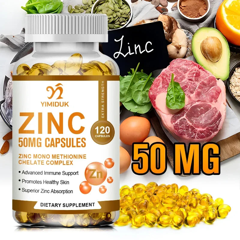 Zinc 50mg, High Potency Supplement - Immune Support System from Natural Zinc (Oxide/Citrate) 120 Capsules