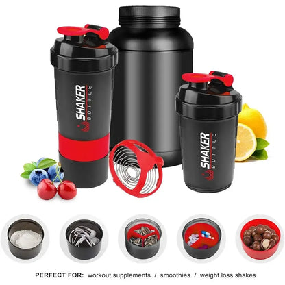 500ml Layered Protein Bottle Powder Shaker with Powder Storage Container Large Water Bottle Water Bottle with Wire Stirring Ball