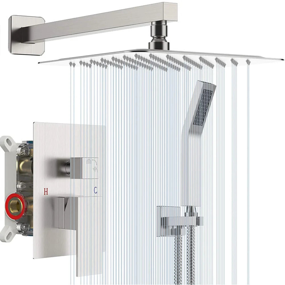 Chrome Shower Faucet Set Rainfall 12 Inch Concealed Shower System Wall Mounted Rainfall Bathroom Shower Tap With Handshower Set