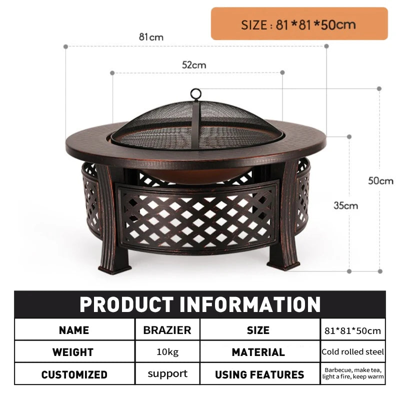 32-inch Fir Pit Bowl With BBQ Grill Camping Firepit Set Wood Burning Fireplace Outdoor Garden Heating Pit