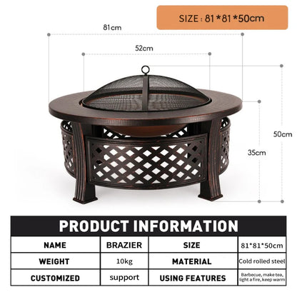 32-inch Fir Pit Bowl With BBQ Grill Camping Firepit Set Wood Burning Fireplace Outdoor Garden Heating Pit