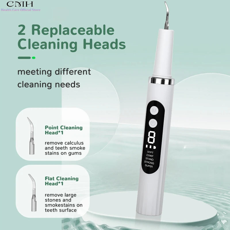 CMH Electric Tooth Cleaning Device Ultrasonic 37kHz Stain Remover Multi-Mode Dental Care Tool with 2 Replaceable Cleaning Heads