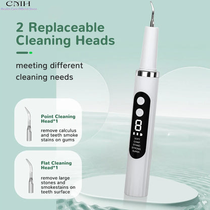 CMH Electric Tooth Cleaning Device Ultrasonic 37kHz Stain Remover Multi-Mode Dental Care Tool with 2 Replaceable Cleaning Heads