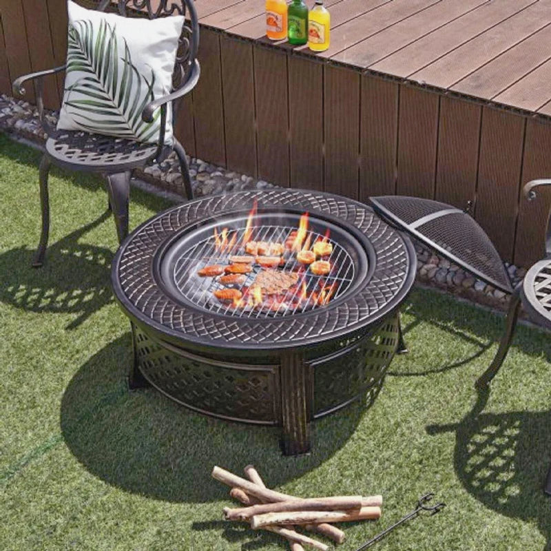 32-inch Fir Pit Bowl With BBQ Grill Camping Firepit Set Wood Burning Fireplace Outdoor Garden Heating Pit