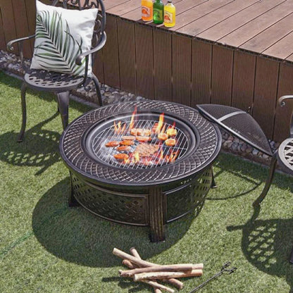 32-inch Fir Pit Bowl With BBQ Grill Camping Firepit Set Wood Burning Fireplace Outdoor Garden Heating Pit