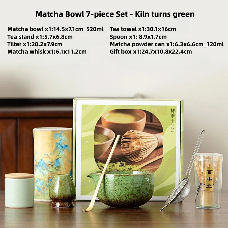 Japanese Matcha Set 7pc Glazed Bowl Whisk Brush Tea Powder Can Complete Tea Ceremony Tools Starter Kit With Full Accessories