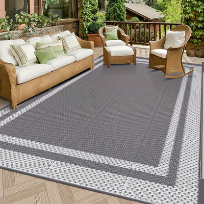 6' x 9' Outdoor Mat with Ground Pegs - Durable PP Material, Gray and White Grid Pattern, Perfect for Patio, Camping and Outdoor
