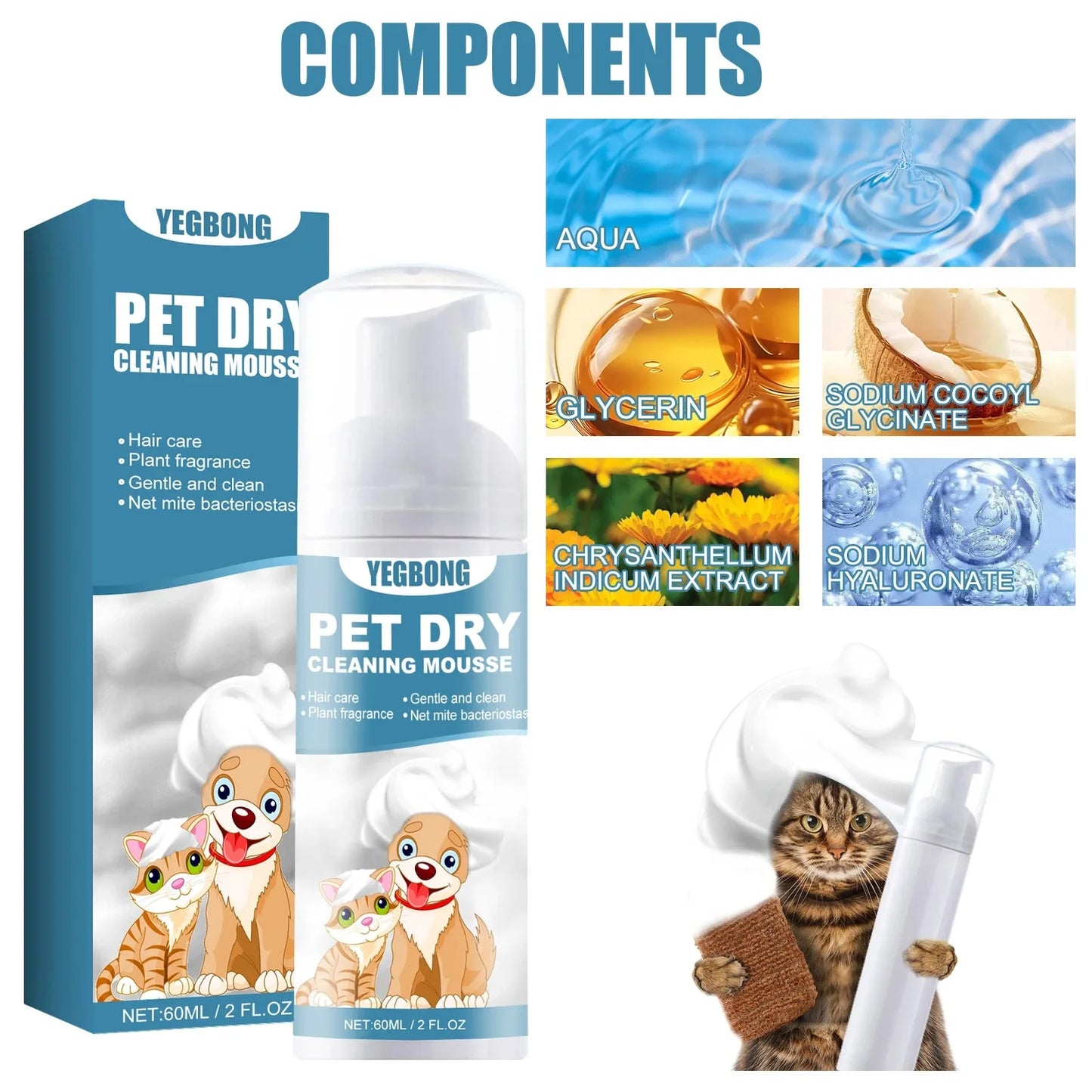  Pet Dry Shampoo Foam, No Water Bath for Pets, Odor Stain Bacteria Itch Relief, Hypoallergenic Coconut Chamomile, Soft Fur, Quic