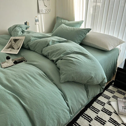 Bed Linen Solid Cotton Bedding Set with Sheet Duvet Cover Pillowcases Single Couple Bedsheet King Queen Double Twin Size