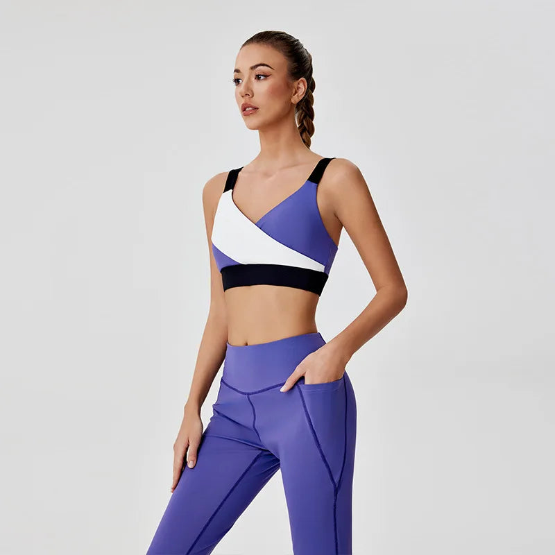 Sports Yoga Clothing Set High Stretch Colorblocking Bra Tank Top Flared Pants Trousers Fitness Clothing