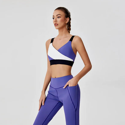 Sports Yoga Clothing Set High Stretch Colorblocking Bra Tank Top Flared Pants Trousers Fitness Clothing