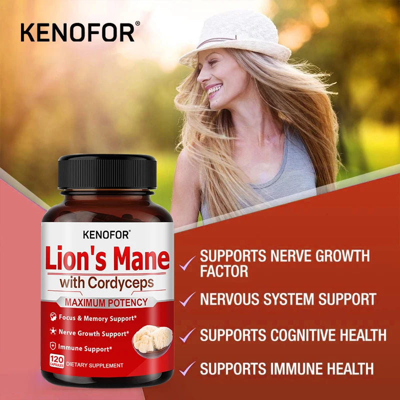 Lion's Mane - Supplement Capsules for Brain Health, Support for Focus, Memory Function - Immune & Nervous System Supplement