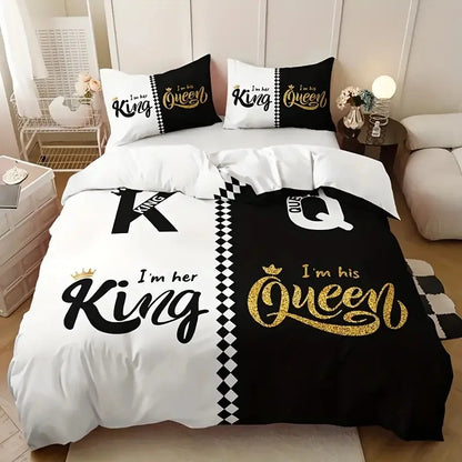 Duvet Cover Set Soft And Comfortable  Gray And Black King Pattern Bedding Set For Bedroom Guest Room And Dorm Decoration