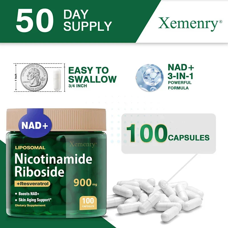 NAD+ Supplement Capsules - Liposomal Nicotinamide Riboside Capsules 900mg with Resveratrol & Quercetin - for Anti-Aging, Energy
