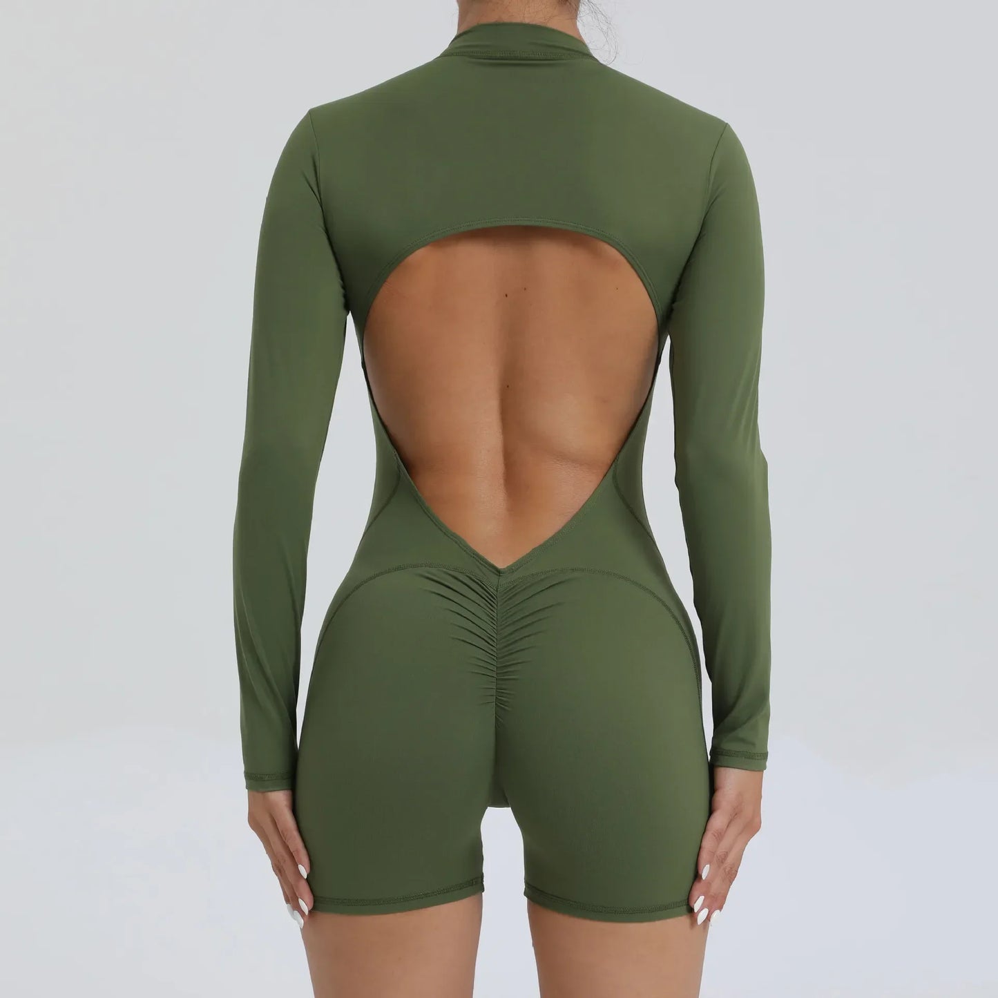 Hollow Scrunch Sport Short Jumpsuits Unitard Gym Women Romper Long Sleeve Zipper Fitness Yoga Overalls Open Back Black Monkeys