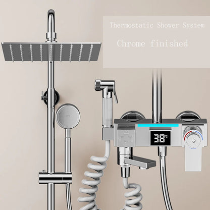 KEMAIDI Thermostatic Shower System LED Digital Display Shower Set Solid Brass Shower Faucet Sets W/Waterfall Bathtub Mixer Grey